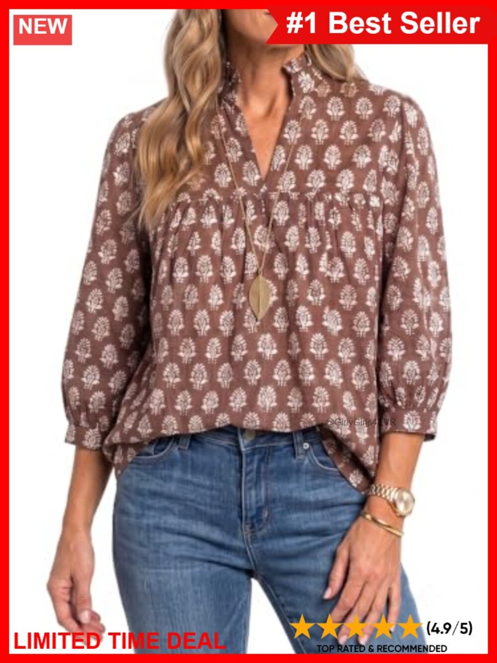 Boho Floral Ruffle V-Neck 3/4 Puff Sleeve Cotton Blouse Womens Top